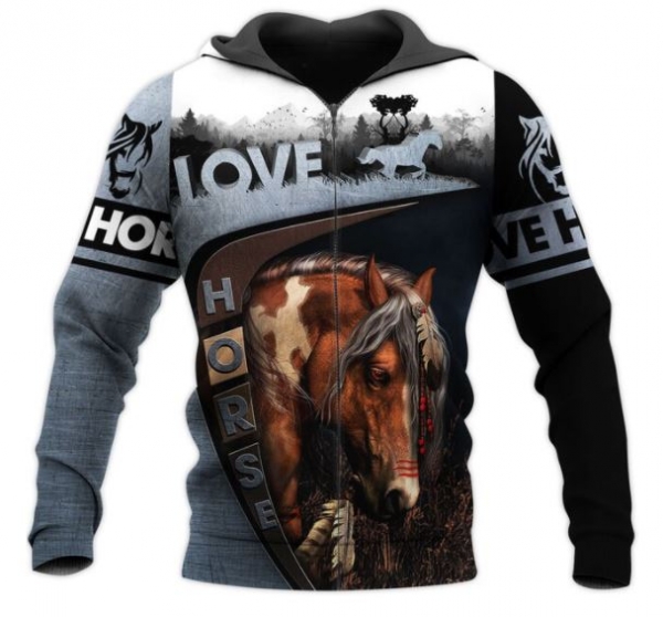 3 D Print Allover Sweat Jacket Hoodie Love horses Indian